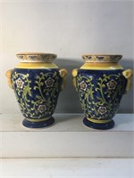 Decorative floral handles vases 9” pair
