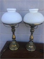 Vintage pair glass shade brass lamps