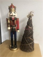 24” wooden nutcracker and cone shaped Christmas
