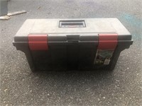 Rubbermaid tool box filled with tools