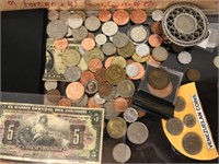 Lot of Foreign and U.S. coins, currency, etc