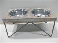19"x 10"x 9" Wood & Metal Pet Dish Stand W/Bowls