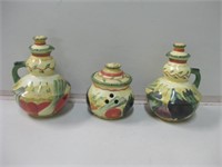 Painted Ceramic Jar & Bottles W/Lids Tallest 9"