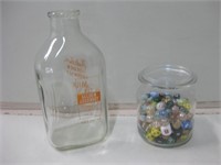 10" Tall  Vintage Glass Milk Bottle Marbles & Dice