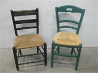 Two Vintage Wood Side Chairs W/Rush Seats