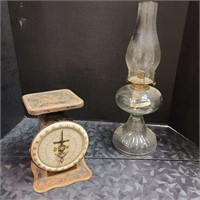 Old Oil Lamp and Vtg Montgomery Ward Scale