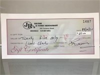 $25 Certificate JRs Gas Bar & Family Restaurant