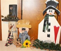 Three Holiday Wood Cut Outs Snowman and Scarecrow