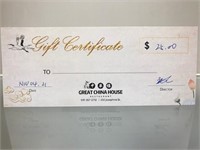 $25 Gift Certificate Great China House Restaurant