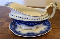 Flow Blue Gravy Boat with Saucer