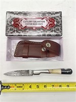 Handmade Damascus Folding Knife w/ Leather Sheath