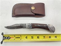 Handmade Damascus Folding Knife w/ Leather Sheath