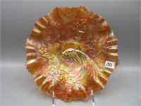 Fenton 9" mari. Peacock at Urn 3/1 edge bowl