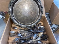 S some silver plated spoons, forks & tray