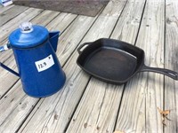 Lodge Iron Skillet & Blue Graniteware Coffee Pot