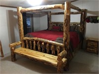 Cedar Log King Post Bed W/ End Bench