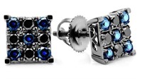 Round Black Diamond & Blue Sapphire Earrings
