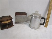 Small Vintage Percolator, Tin Punch Mail Holder,