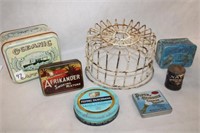 7pc Antique Egg Basket & 6 Tobacco Tins