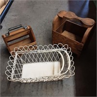 Wire basket, wood carry boxes