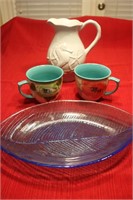 WHITE PITCHER-2 COFFEE CUPS-BLUE PLATTER/BOWL