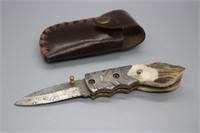 DAMASCUS FOLDING KNIFE-BONE HANDLE