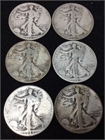 (6) WALKING LIBERTY 90% SILVER HALF DOLLARS