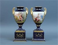 PAIR ROYAL VIENNA PORCELAIN SMALL CABINET URNS