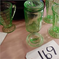 Unusual Tall Green Depresion jar with lid plus lid