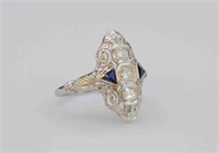 ART DECO 14K DIAMOND & SAPPHIRE FILIGREE RING