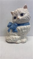11in White Cat with Blue Bow Cookie Jar
