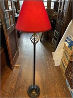 BLACK IRON FLOOR LAMP WITH RED SHADE - 5 FEET TALL