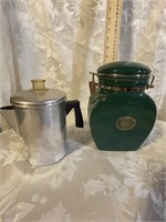 VINTAGE MIRRO SMALL COFFEE POT AND GREEN CANISTER