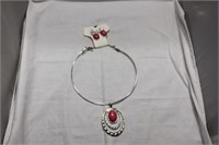 SILVER AND RED ROUND NECKLACE/EARRINGS
