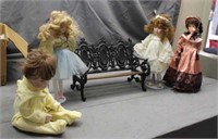 (4) Porcelain Dolls & Heavy Duty Doll Bench