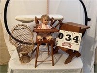 Doll with high chair, school desk, ironing board