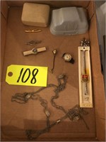 (3) Tie clips, chain necklace, (2) watch boxes,