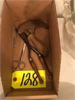 Hog scraper, scissors, & antique curling iron