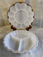 VINTAGE WHITE GLASS EGG TRAY AND RELISH DISH