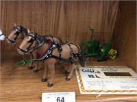 2 Horses w/John Deere planter, hand-crafted by