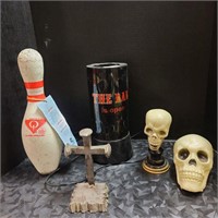 Man Cave Metal Cross Sculpture Skulls Bowling Pin