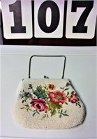 7" x 6" White Floral Beaded Embroidered Bag