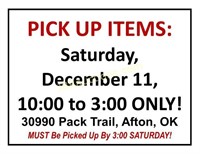 PICK UP SCHEDULE: 10AM TO 3PM SAT, DEC 11TH ONLY!