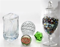 ART GLASS PAPERWEIGHTS, VASE, MARBLE JAR (5) PCS.
