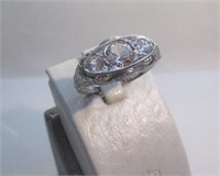 VINTAGE FILIGREE 3 STONE WHITE TOPAZ PLATINUM RING