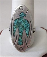 STERLING INLAID TURQUOISE CHIP BIRD RING