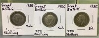(3) 1935 Great Britain silver one shillings