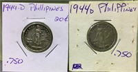 (2) 1944 D US Philippines 20 cent Coins