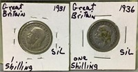 2 Great Britain 1930s silver one Schilling coins