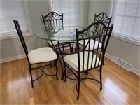 GLASSTOP WROUGHT IRON KITCHEN TABLE & 4 CHAIRS